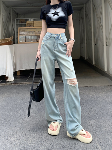 Real shot narrow version wide-leg jeans women's ripped summer  new high-waist drape feeling thin and small straight-leg pants