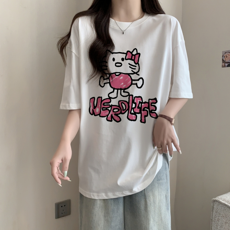 Real price pure cotton wrap collar 2023 summer new 200g pure cotton shoulder strip loose print short-sleeved t-shirt