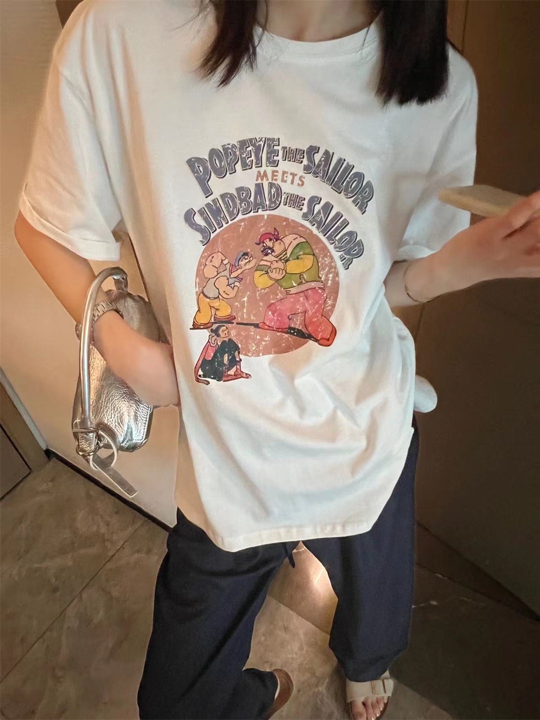 Popeye cartoon letter printing loose casual large version short-sleeved T-shirt female summer all-match comfortable half-sleeved tee