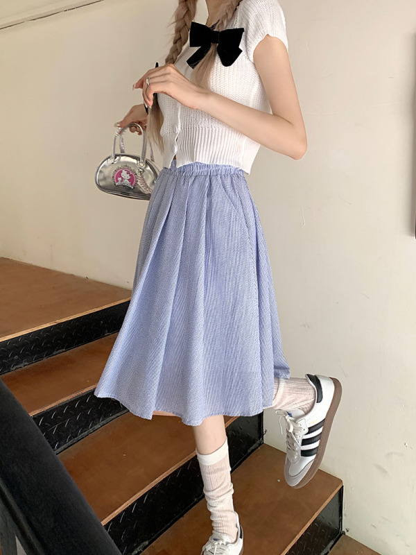 Real shot real price blue pleated skirt female 2023 Xia Xin small a-line skirt umbrella skirt high waist pleated skirt