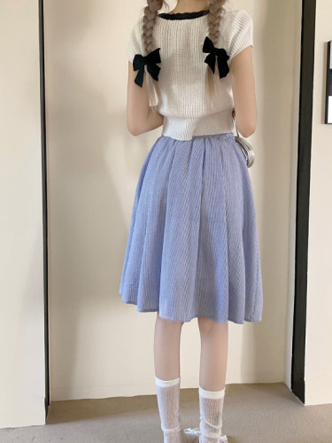 Real shot real price blue pleated skirt female 2023 Xia Xin small a-line skirt umbrella skirt high waist pleated skirt