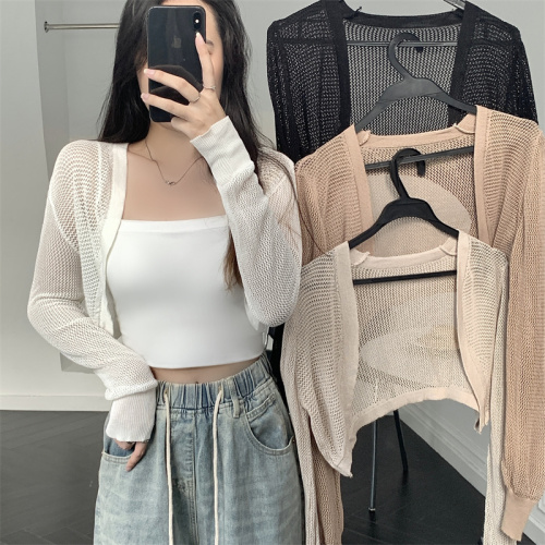 Real shot unabated short ice silk cardigan thin section outerwear shawl shawl summer knitted small waistcoat sunscreen shirt jacket