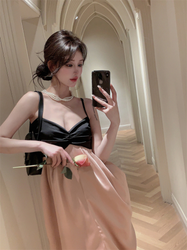 Actual shot and real price ~ French high-waist dress ins high-end contrasting color tea break French temperament bud suspender long skirt