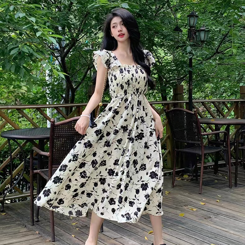 Feifei sleeve tea break skirt 2023 summer new slimming slim high waist belly covering French floral dress