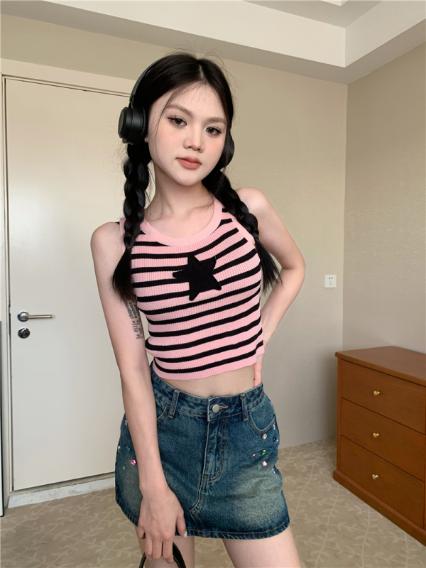 Real price real shot Spice girl short high waist star knit vest suspenders