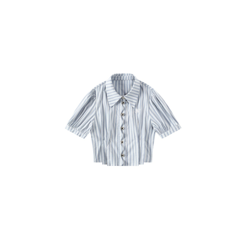 Blue striped polo collar short-sleeved shirt female summer hot girl slim waist shirt slim college style top tide