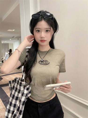 Real price real shot Korean gradient color embroidered letters shirring short small T female summer slim sweet spicy T-shirt top