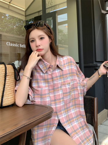 Real shot Korean version of hiphop retro hit color plaid short-sleeved shirt women's summer loose oversize all-match shirt