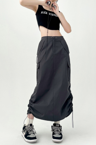 Summer trendy hot girl quick-drying pleated drawstring tooling skirt loose casual straight back slit skirt