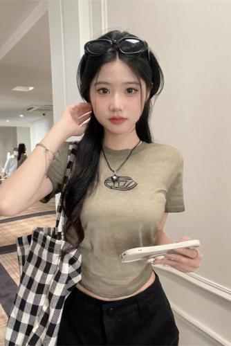 Real price real shot Korean gradient color embroidered letters shirring short small T female summer slim sweet spicy T-shirt top