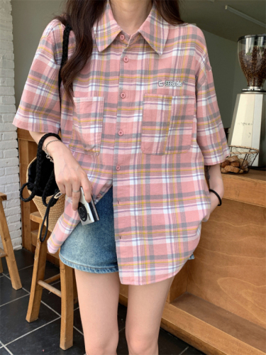 Real shot Korean version of hiphop retro hit color plaid short-sleeved shirt women's summer loose oversize all-match shirt