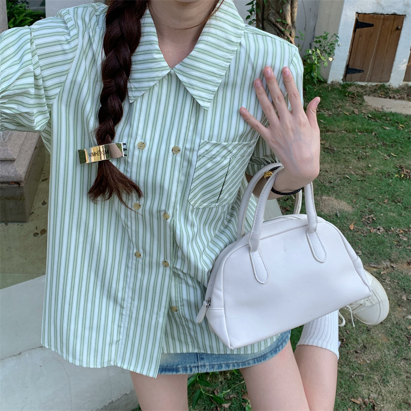 2023 green striped double-breasted shirt women's short-sleeved loose French retro small shirt