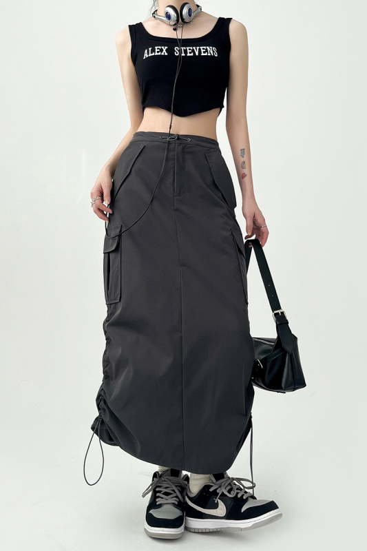 Summer trendy hot girl quick-drying pleated drawstring tooling skirt loose casual straight back slit skirt
