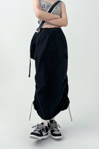 Summer trendy hot girl quick-drying pleated drawstring tooling skirt loose casual straight back slit skirt