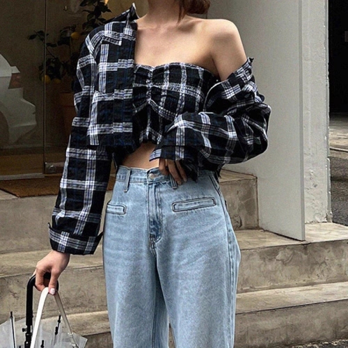 2023 New Style Tube Top Vest Plaid Shirt Set with Shoulder Pads