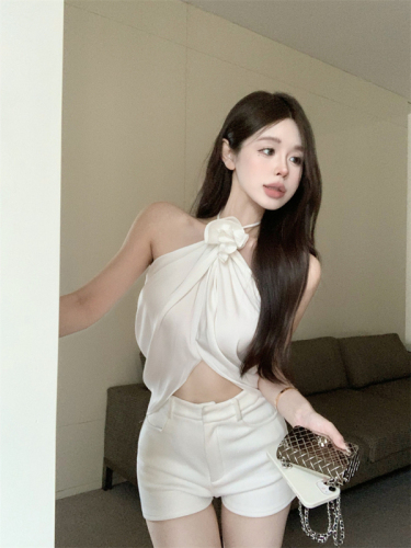 Real shot real price hanging neck three-dimensional hand-stitched flower camisole female summer halter temperament top