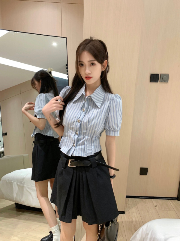 Blue striped polo collar short-sleeved shirt female summer hot girl slim waist shirt slim college style top tide
