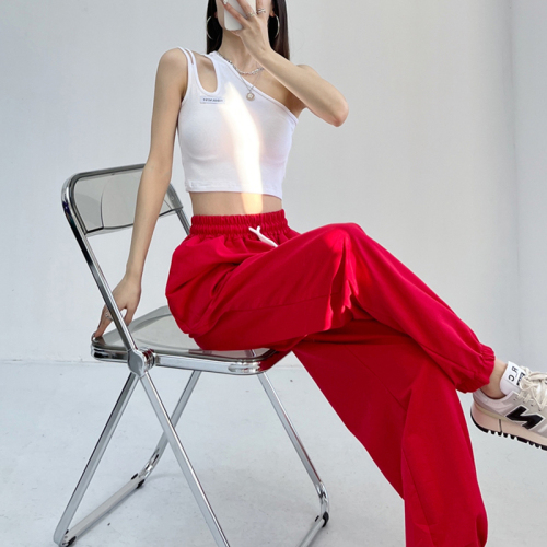 Hip-hop jazz European and American style red sports and leisure trousers hiphop hip-hop alphabet wide-leg pants women's high waist