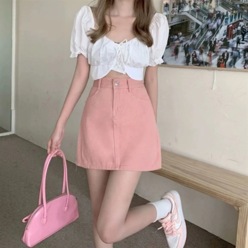 Pink denim skirt women's summer high waist slim a-line skirt hot girl short skirt bag hip skirt new