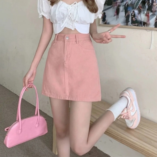 Pink denim skirt women's summer high waist slim a-line skirt hot girl short skirt bag hip skirt new