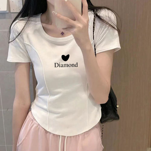 Official picture 210g threaded cotton T-shirt women's short-sleeved front shoulder slim-fit short herringbone line top summer women's clothing