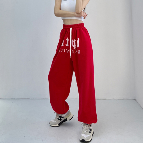 Hip-hop jazz European and American style red sports and leisure trousers hiphop hip-hop alphabet wide-leg pants women's high waist