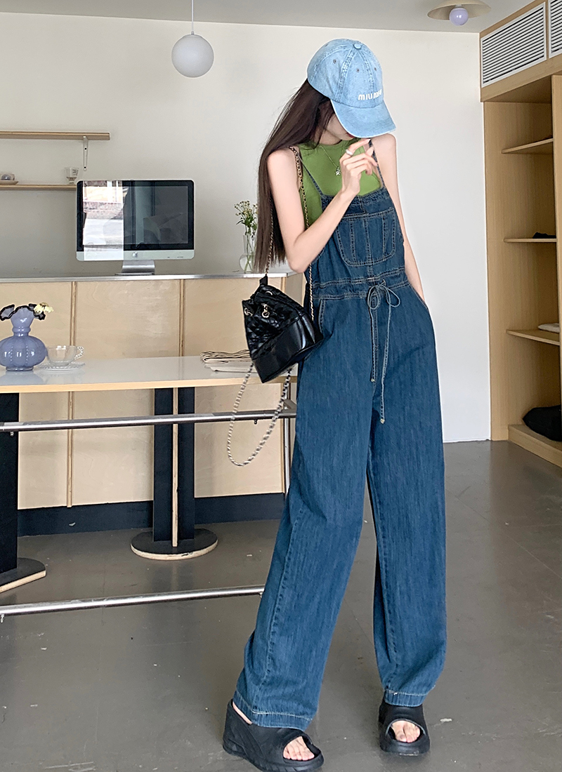 Real shot real price 2023 summer new high waist thin denim overalls female retro loose straight waist jumpsuit