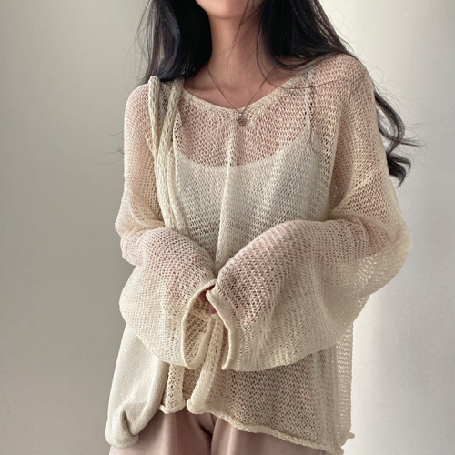 Korean chic summer French retro lazy style loose long-sleeved hollow thin section knitted sunscreen blouse top women