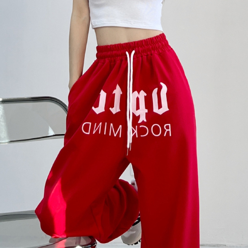 Hip-hop jazz European and American style red sports and leisure trousers hiphop hip-hop alphabet wide-leg pants women's high waist