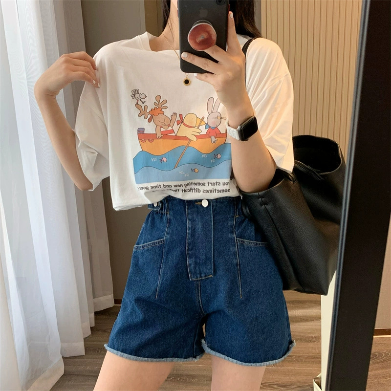Official Picture Heavy/Combated Cotton Back Wrap Collar Seamed S-XXXL Summer Short-sleeved T-Shirt for Women