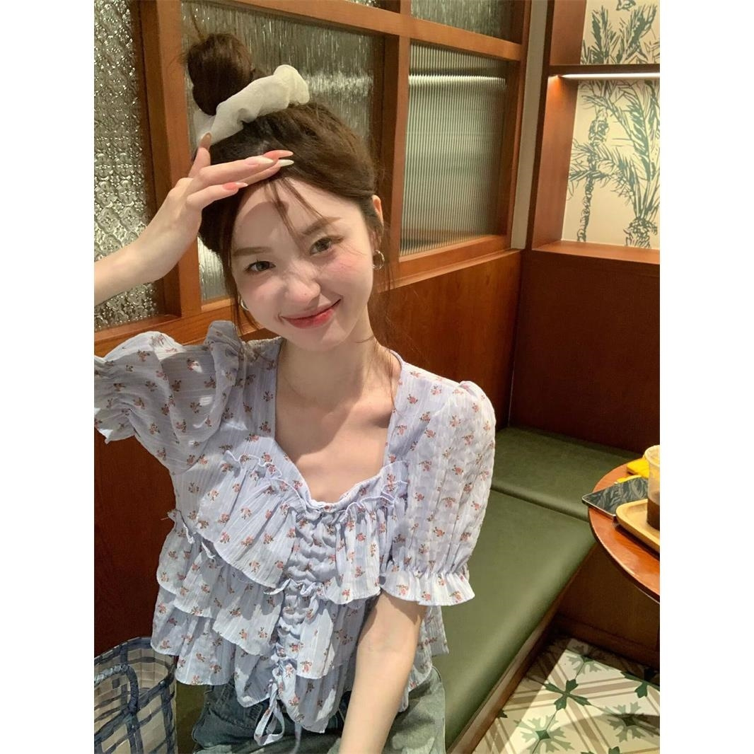 Ruffled drawstring square collar short-sleeved shirt women's summer 2023 new sweet floral design slim tops
