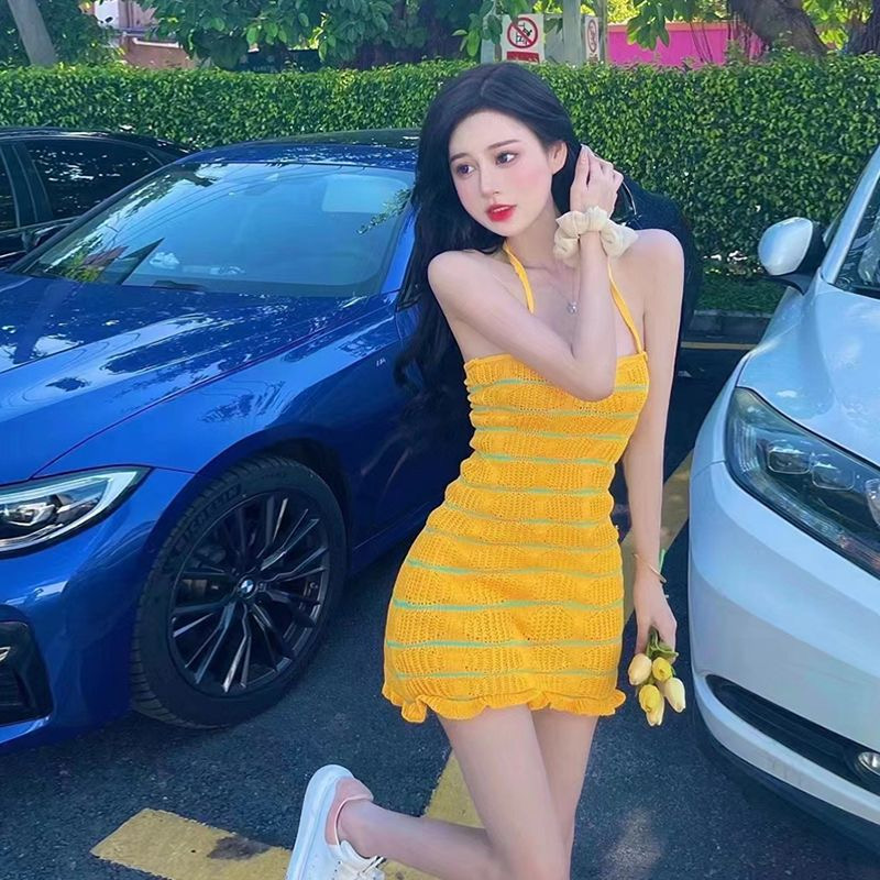French retro sexy suspender dress summer new high-end design niche splicing skirt women