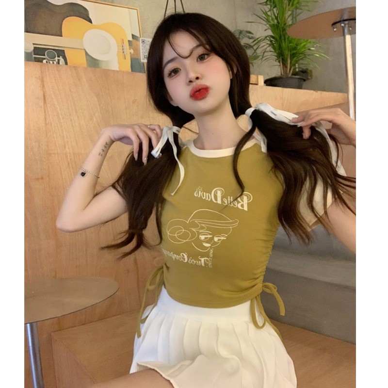 Positive shoulder tops, fat girls, lace up letters, large size, short-sleeved T-shirts, hot girls, short models, beautiful slim bottoming shirts