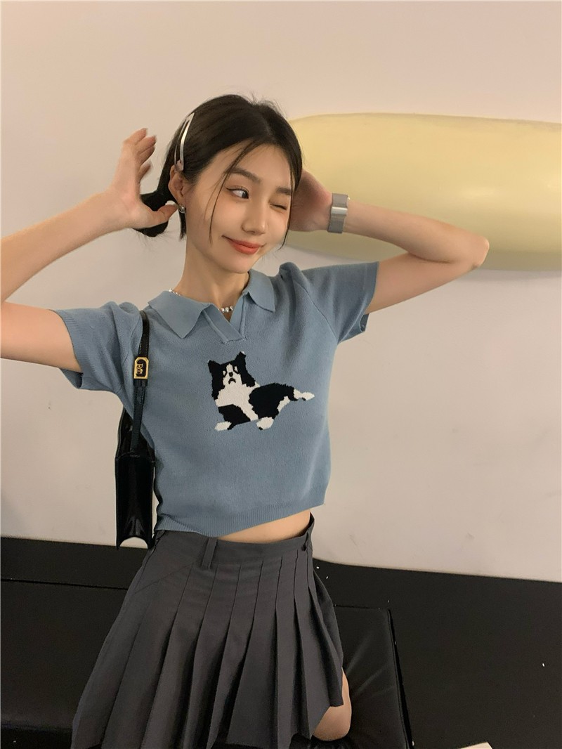 Korean style Polo collar cat jacquard thin knitted sweater women's summer slim fit all-match printed commuter T-shirt top