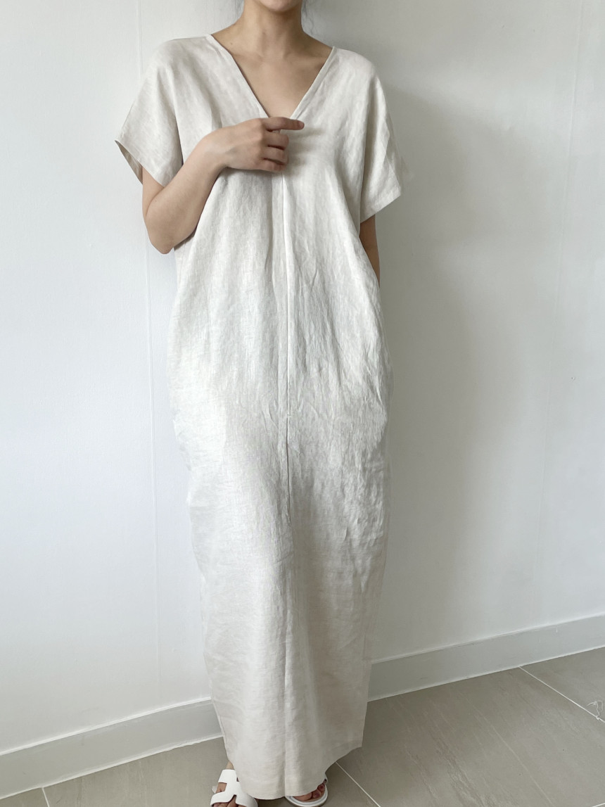 Korean chic summer temperament retro loose lazy wind cotton and linen long short-sleeved dress for women