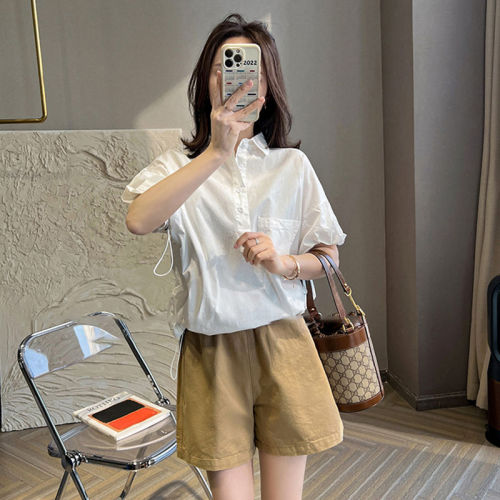 Khaki shorts women's summer thin and loose a-line wide-leg mid-pants white straight casual five-point pants trendy