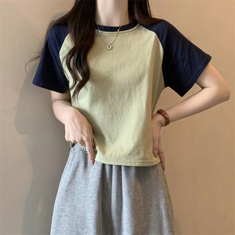Real shot pure cotton contrasting color raglan short-sleeved T-shirt for women