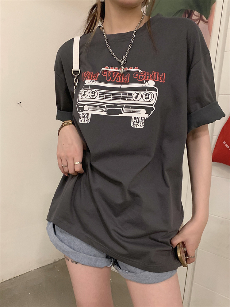 Real price pure cotton wrap collar 2023 summer new 200g pure cotton shoulder strip loose print short-sleeved t-shirt