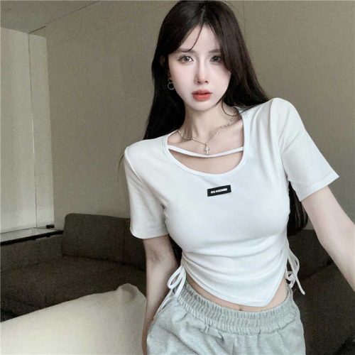 Summer 2023 new white short-sleeved T-shirt female sweet hot girl irregular high waist short drawstring chic clothes