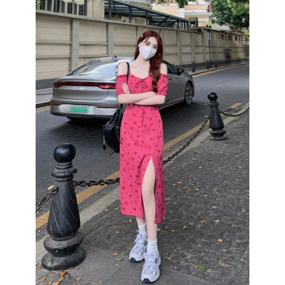 Large size French style high-end sense rose red floral dress female summer fat mm temperament narrow waist and thin short-sleeved tea break skirt