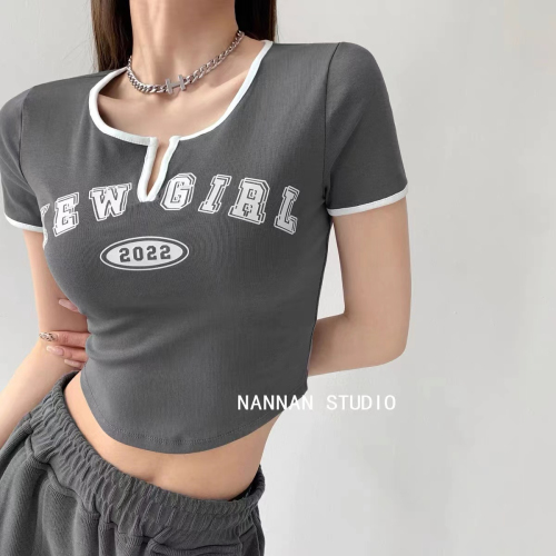 Cotton-like ribbed tops ins retro printing summer slit round neck exposed navel short section contrast color short-sleeved T-shirt women
