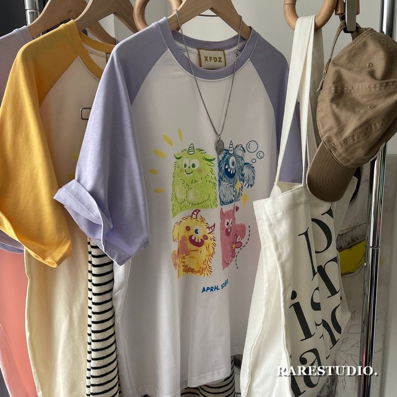 Official picture net price back bag collar extra large size 300 catties cotton raglan sleeves splicing color contrast little monster short-sleeved T-shirt for women