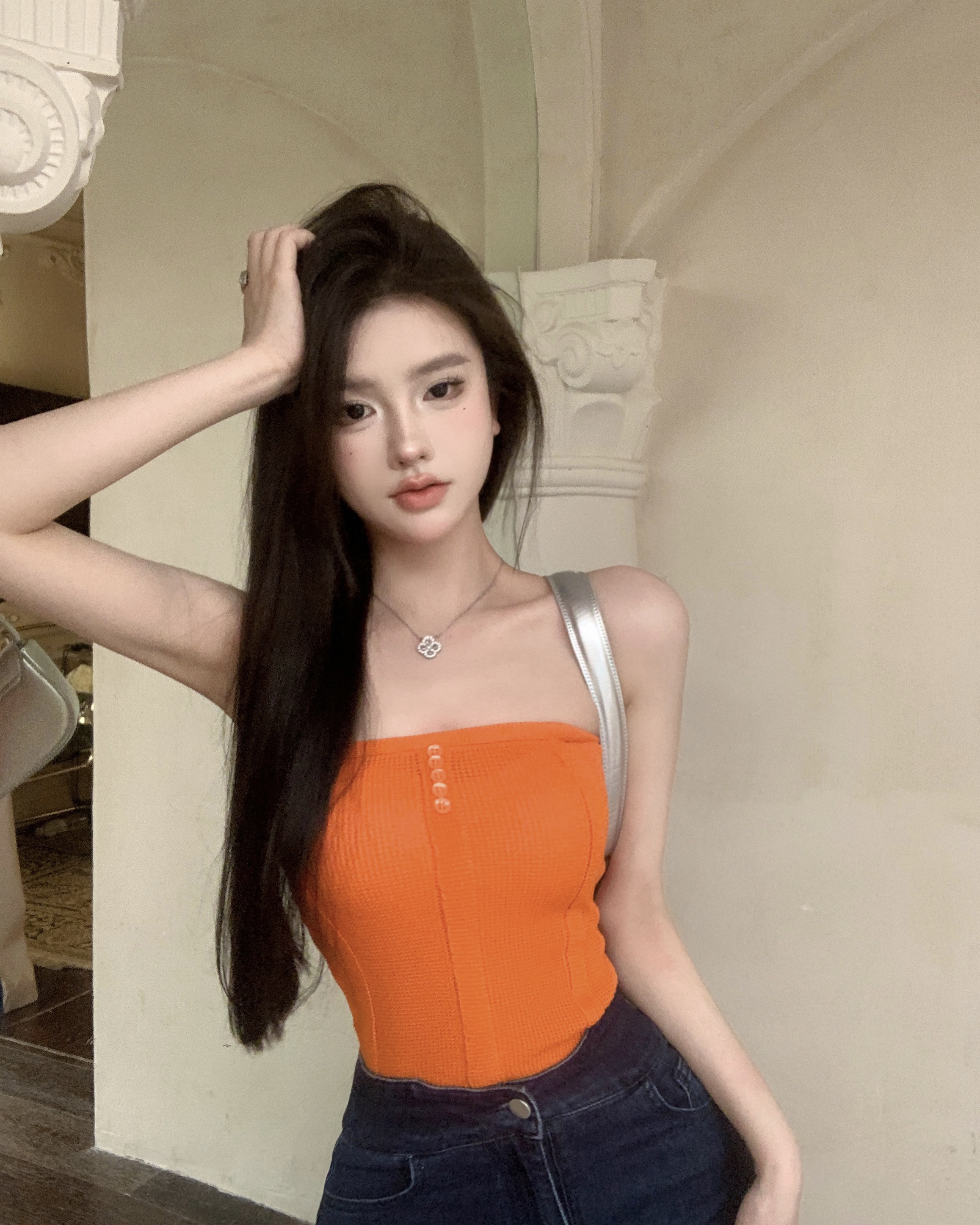 Real price real price Orange sexy hot girl slim fit short knitted sleeveless tube top