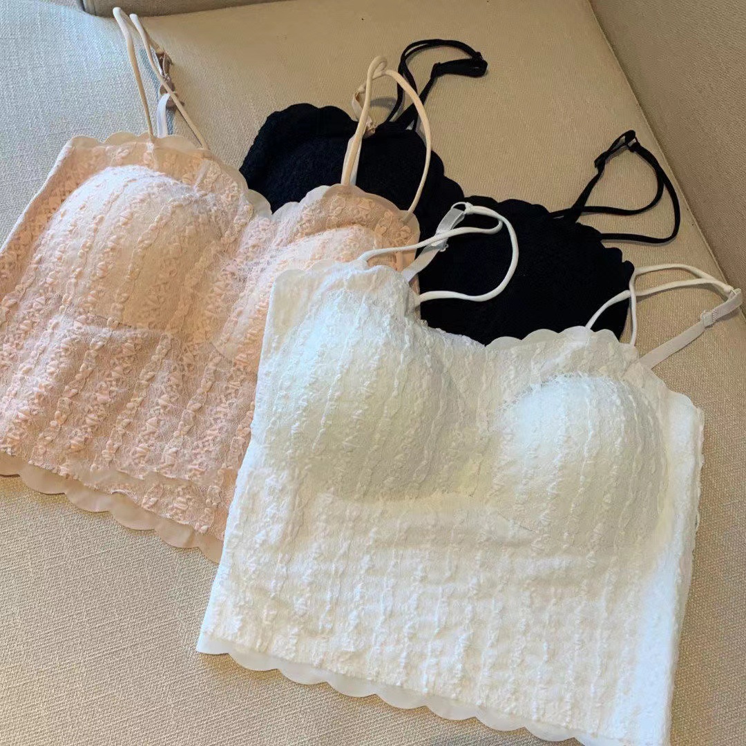 Lace Jacquard Camisole Breast Pad Women's Ice Silk Seamless Wrapped Breast Beautiful Back Camisole Small Cool and Versatile Top