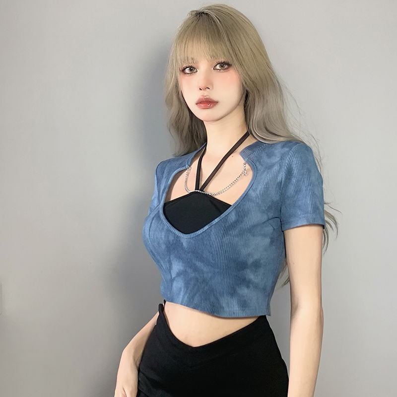 Spice girl suit niche blue tie-dye chain chin short section with hanging neck strap hollowed out short-sleeved two-piece set