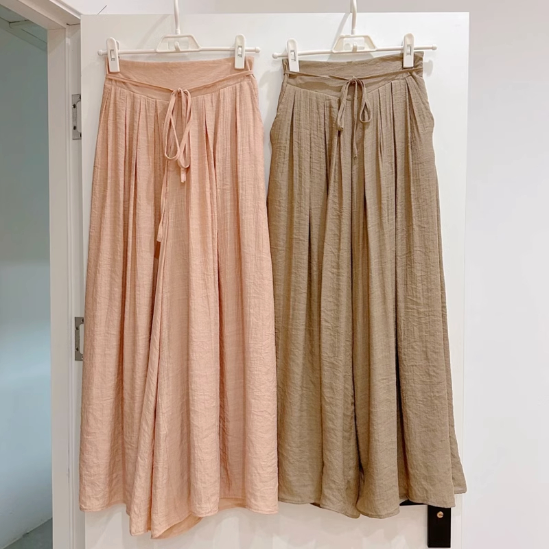 Simple style elastic waist wide-leg pants summer new casual all-match tie-up high waist drape nine-point pants women's hakama