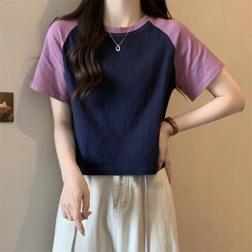 Real shot pure cotton contrasting color raglan short-sleeved T-shirt for women