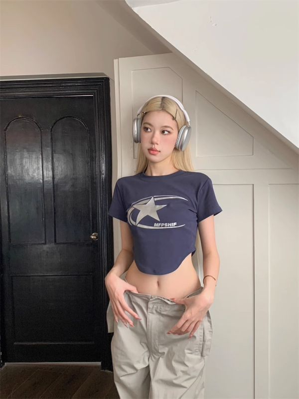Hot Girl Print High Waist Short Sleeve T-Shirt Summer 2023 New Sexy Short Slim Slim Top