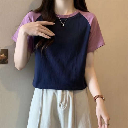 Real shot pure cotton contrasting color raglan short-sleeved T-shirt for women