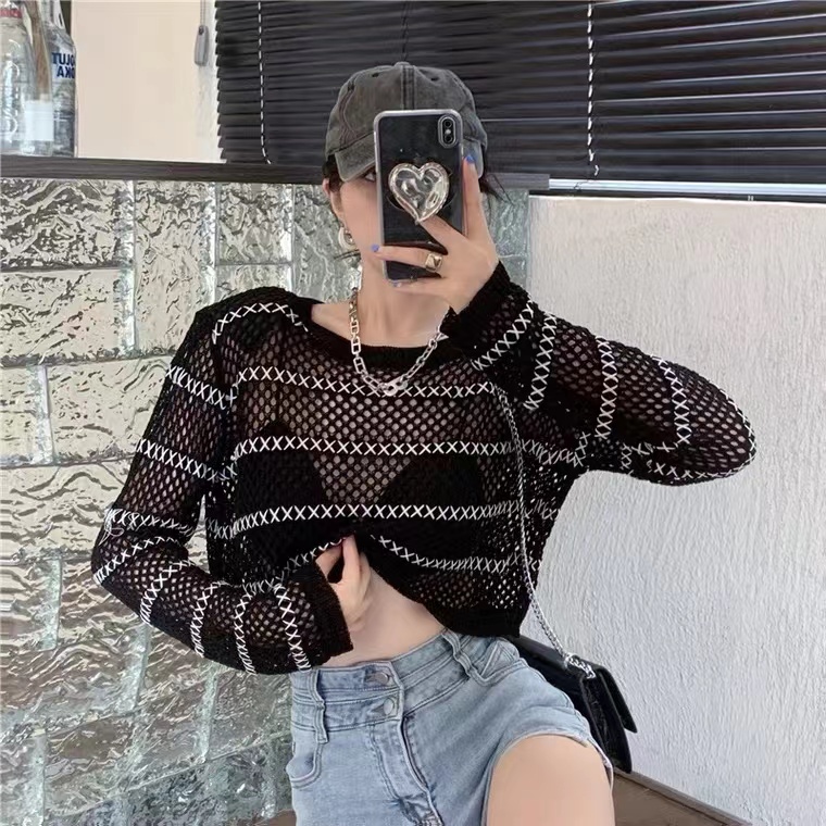 Ice silk striped hollow knitting sunscreen women's thin section summer pure desire sweet hot girl short chic top long-sleeved blouse